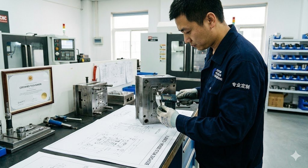 Tooling engineer reviewing a metal part